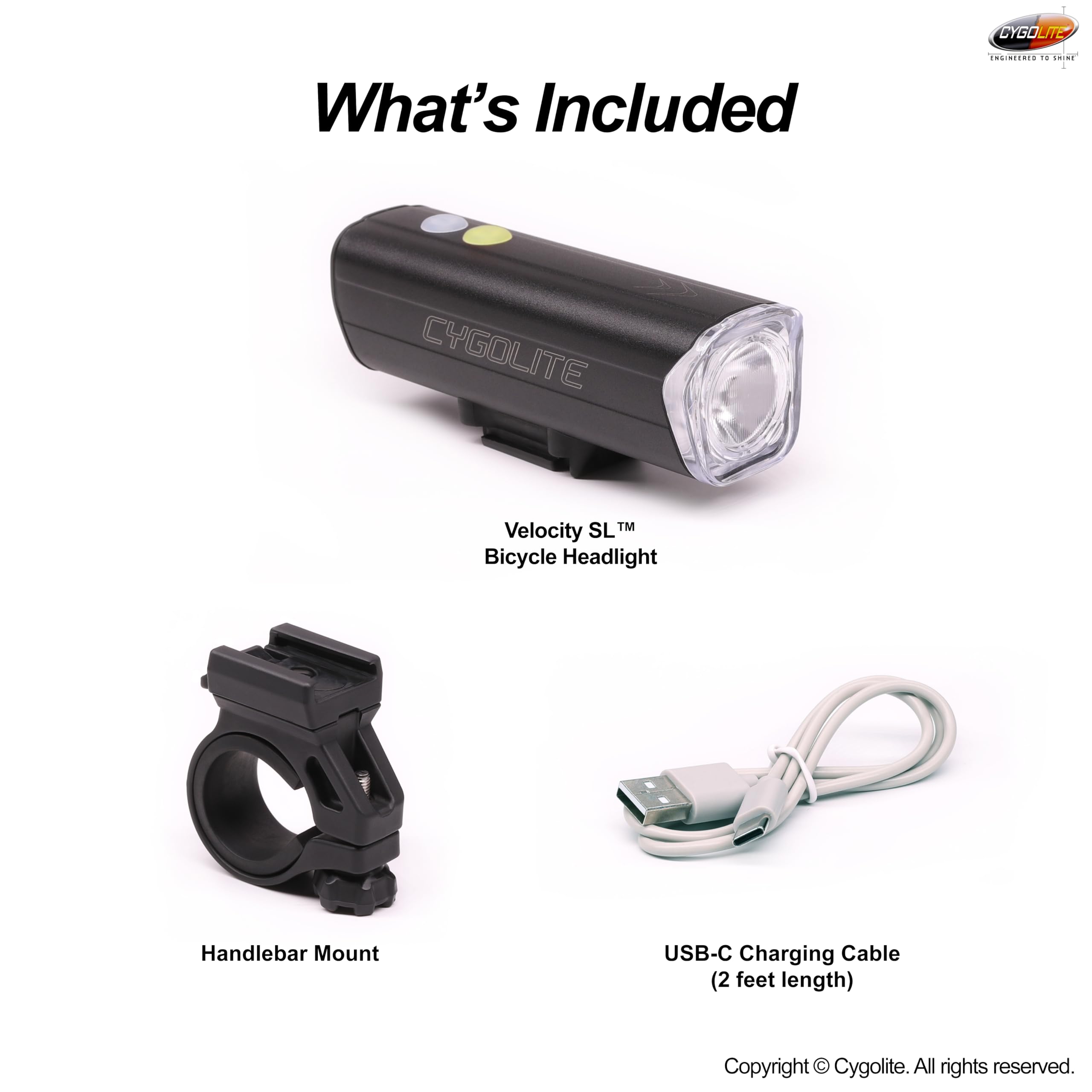 Cygolite Velocity SL Lampe de vélo 1000 lumens en alliage d'aluminium anodisé, 9 modes d'éclairage, luminosité réglable fine, étanche IP67, support rigide sécurisé, recharge USB-C, vélos de route,