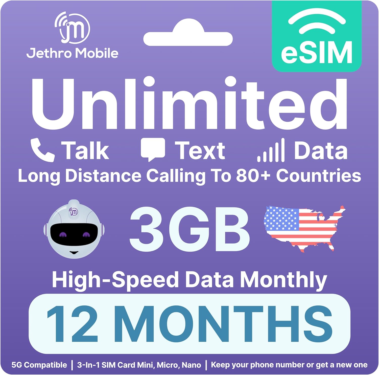 Jethro Mobile - eSIM USA, Quick Activation, 3GB High-Speed Data, Unlimited Talk, Text, & Data, Mobile Hotspot, International Calling, Prepaid Phone Plan (12 Months)