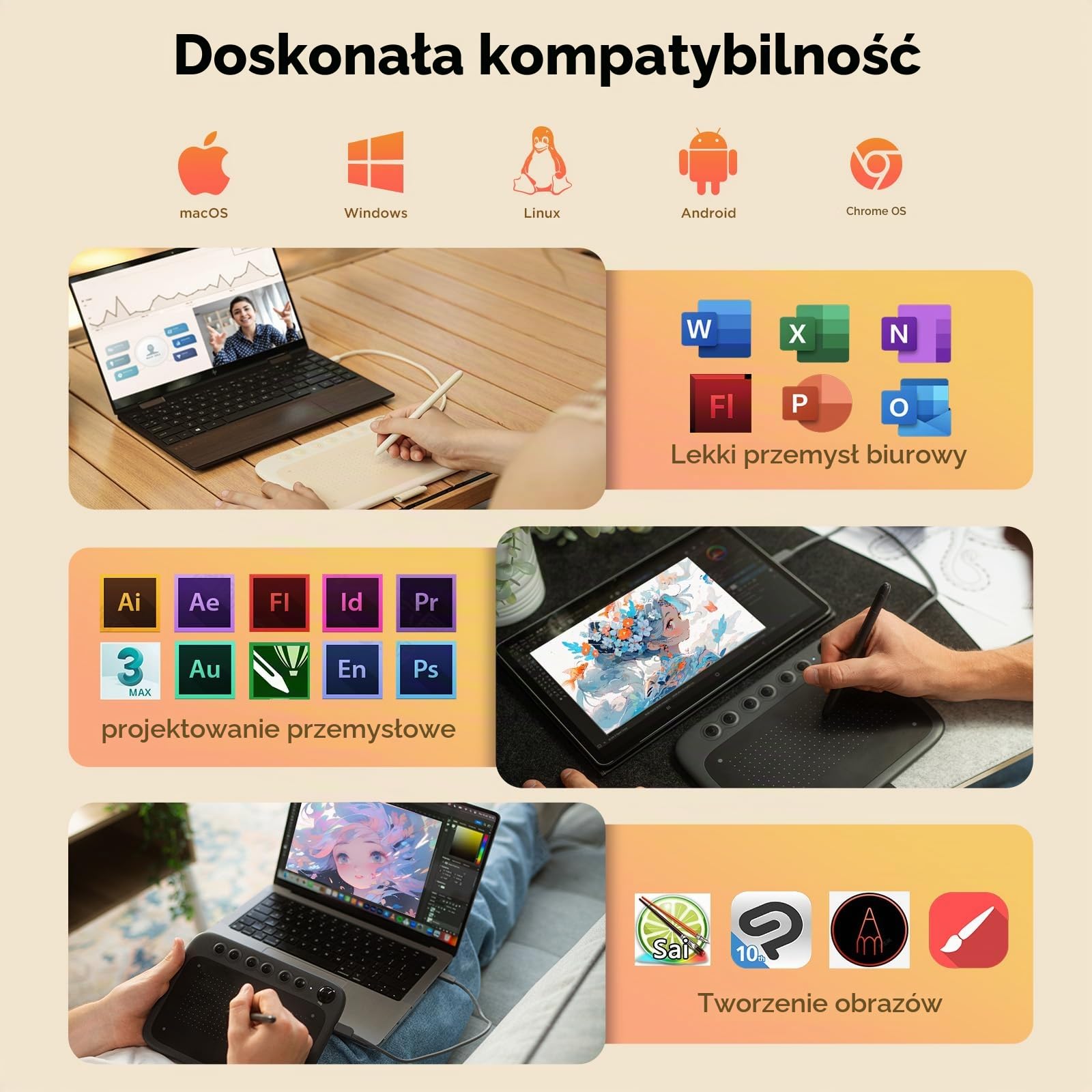 ugee Q6 Graphics Tablet 6 x 4 Inch Portable Drawing Tablet with Integrated Type-C Cable for Digital Drawing Online Lessons, beżowy