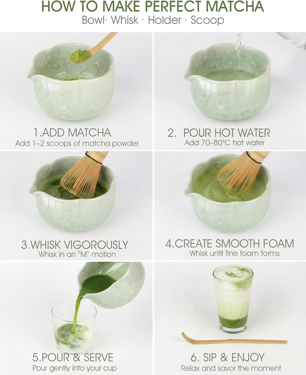 Matcha Whisk Set, 4-Piece Matcha Kit with Ceramic Matcha Bowl, Bamboo Whisk, Whisk Holder, scroop - Complete Matcha Tea Set Perfect for Beginners & Matcha Lovers Light Green