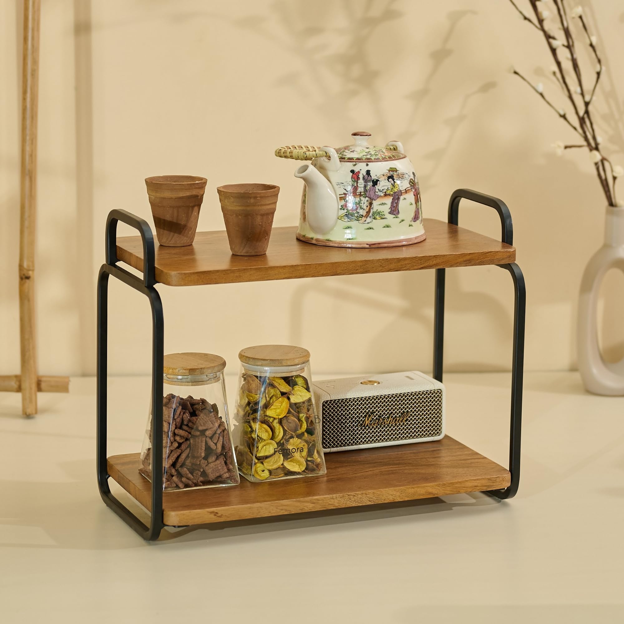 Brick Brown® Premium Stash 2-in-1 Wooden Multipurpose Tray & Organizer | Spice Rack | 2-Tier Kitchen Countertop | Cabinet Storage Shelf |Serving Tray | Detachable Shelf for Kitchen, Dining Table