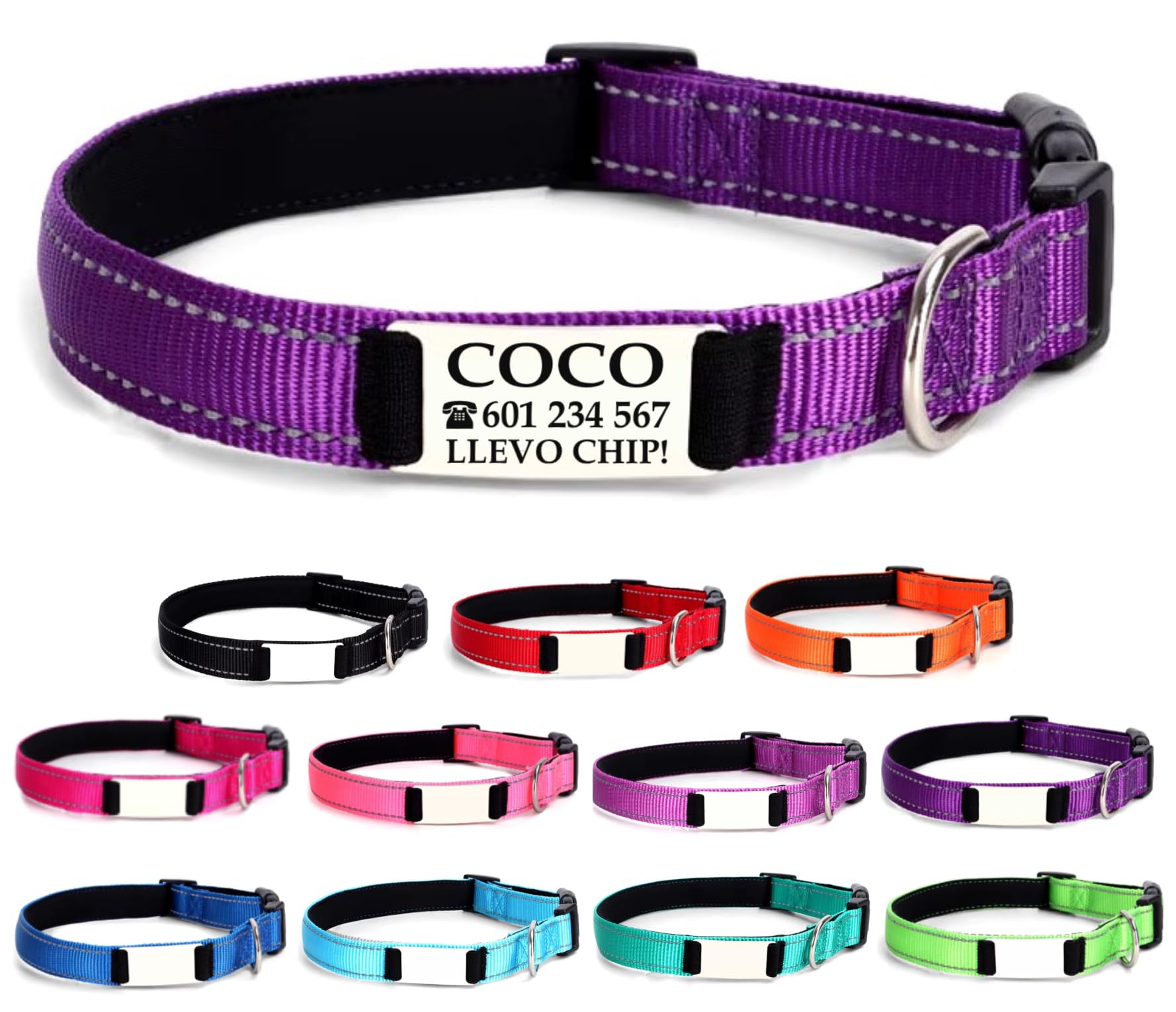 Collar Perro Personalizado con Nombre para Cachorros o Mascotas Muy Pequeñas, Collar Gato Personalizado, Reflectante, Ajustable De 22 a 30 cm, Seguro y Cómodo (Lila, XS Muy pequeño)