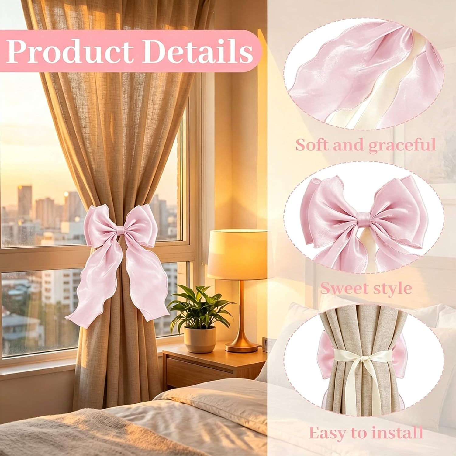 2 Pcs Pink Bow Curtain Tiebacks, Cute Lace Ribbon Bowknot Curtain Holdbacks with Flexible Metal Core, Decorative Window Drapery Straps for Girls Bedroom, Living Room Decor