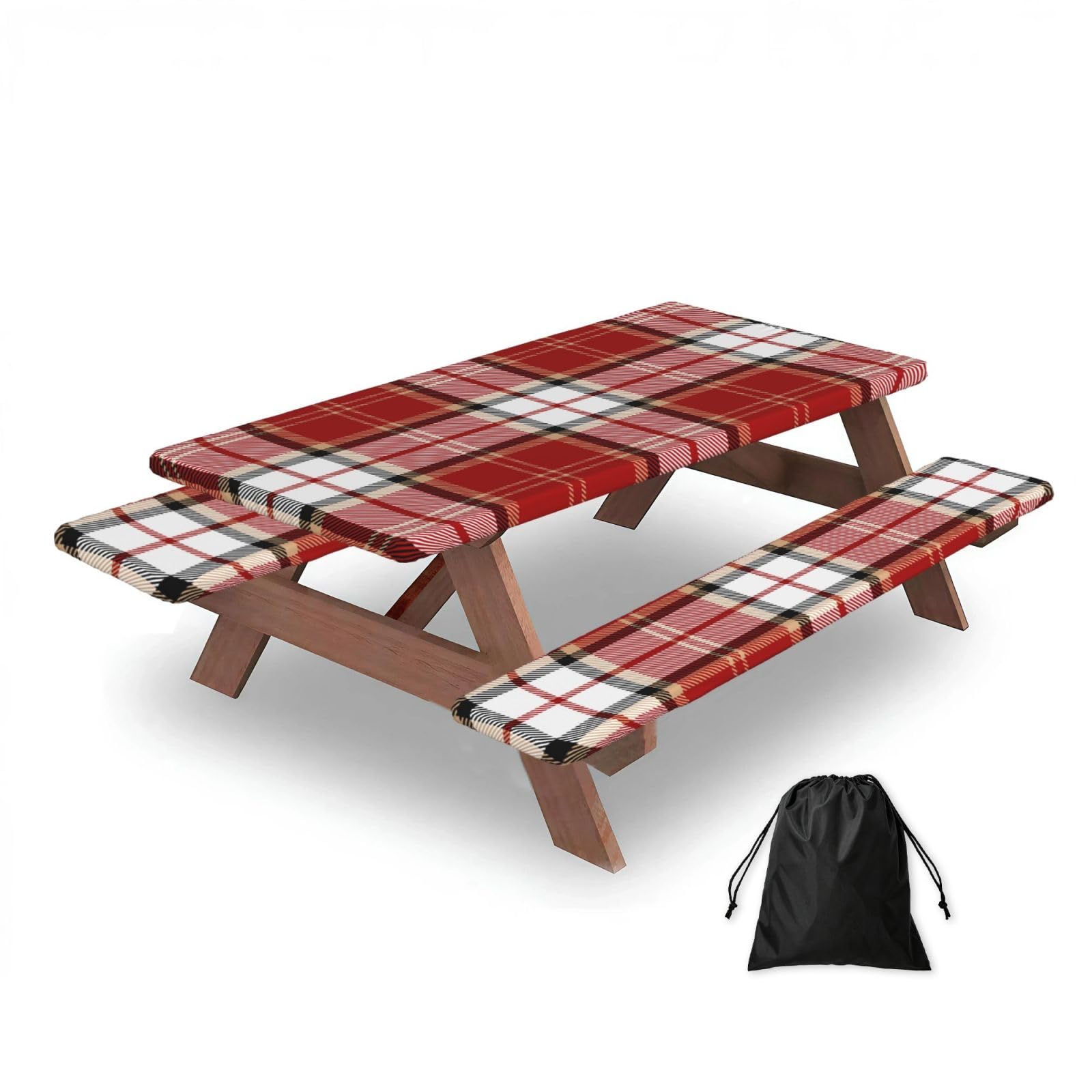 Dopklna As Picture Red Black White Tartan Plaid Scottish Checkered, Picnic Table Cover With Bench Covers -Waterproof Elastic Fitted Tablecloth For Garden Camping Patio 76X152cm