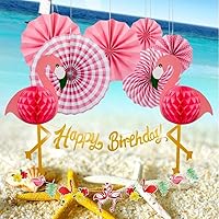 Vista 2 de Decoración de panal de abeja de flamenco, abanicos de papel rosa colgantes, pancartas de cumpleaños, decoraciones de remolinos