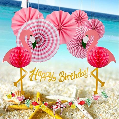 Miniatura 2 de Decoración de panal de abeja de flamenco, abanicos de papel rosa colgantes, pancartas de cumpleaños, decoraciones de remolinos (6 abanicos, 2