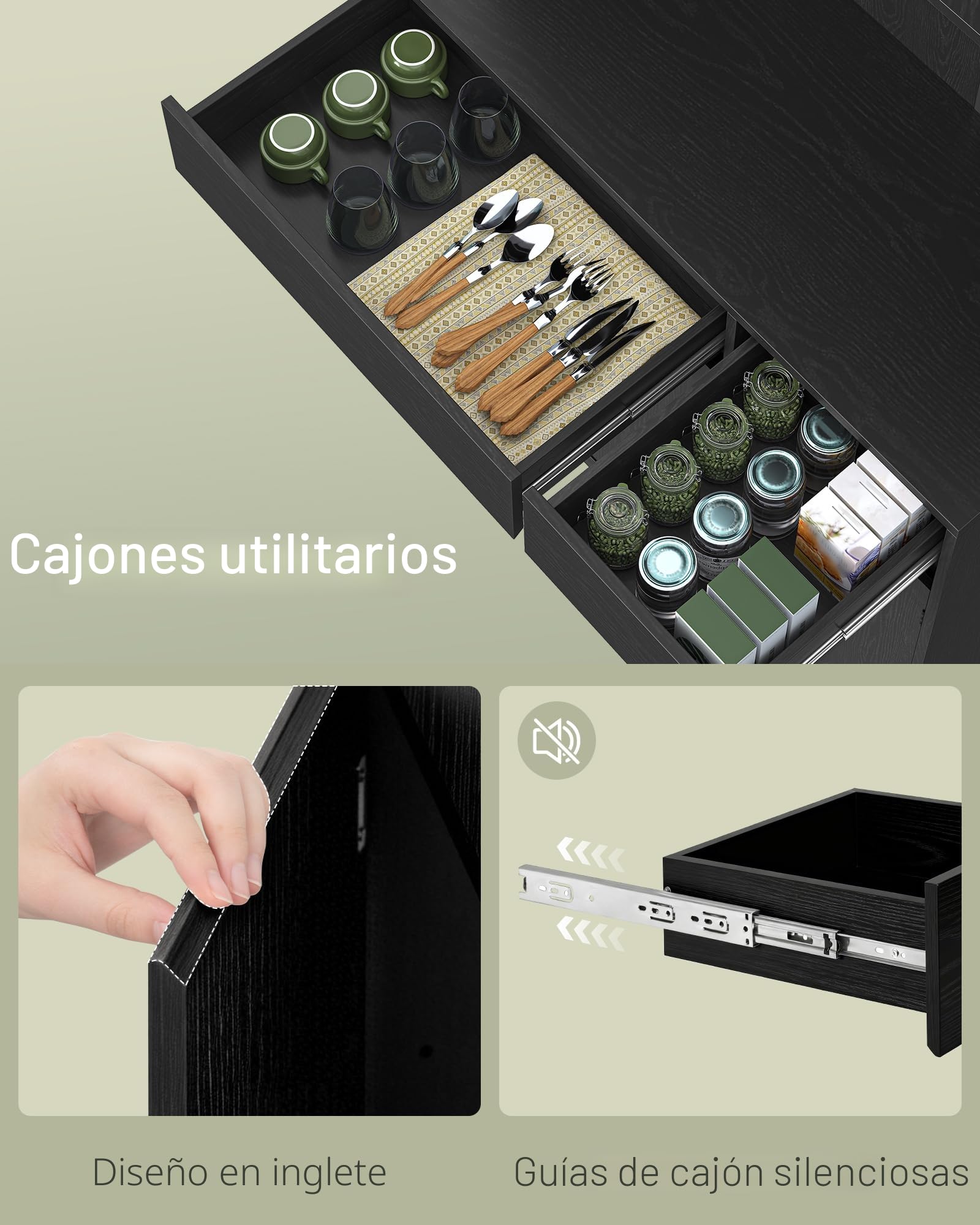 Hzuaneri Alacena de Cocina, 180 cm Aparador Comedor, aparador Cocina con regleta y Tira de Luces LED, encimera y 2 cajones, estantes Regulables,área culinaria, salón, Negro PT00204XEU