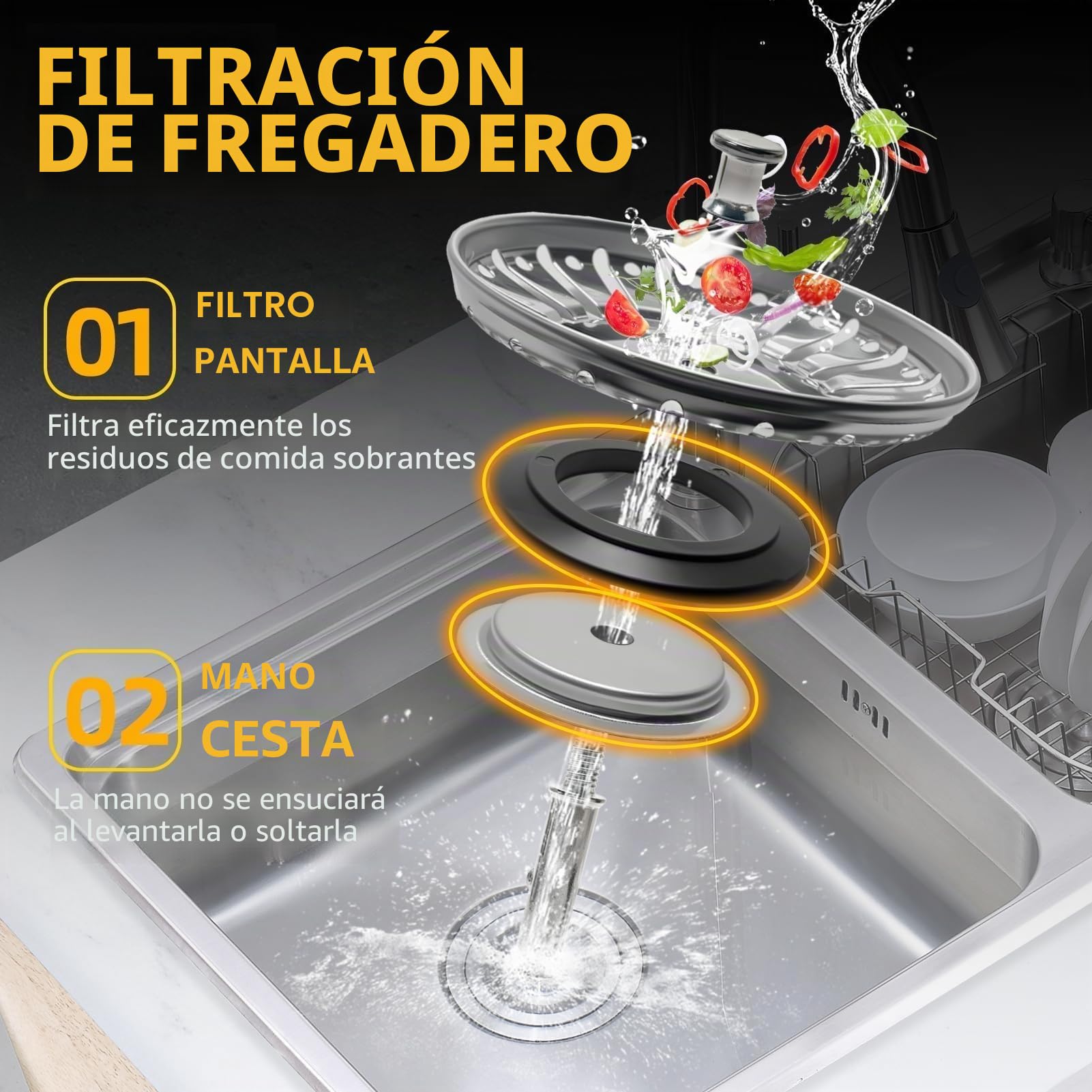 84mm Fregadero de Cocina Tapón de Acero Inoxidable, Colador y Filtro para Desagüe, Tapones de Repuesto para Sumidero, Escurridor de Comida, Rejilla de 84-85mm