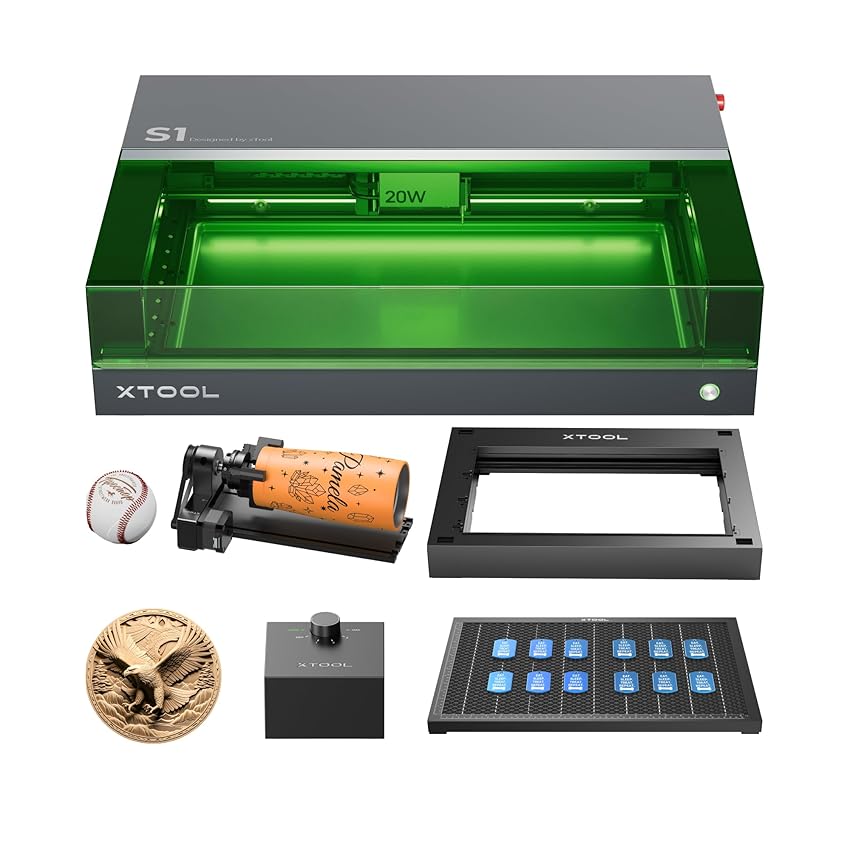 xTool S1 20W Incisore Laser Kit Tutto in Uno, con RA2 Rotante, Aisst Aria Intelligente, e Pannello a Nido d'Ape, Fuoco Automatico, Protezione Antifumo, 498 * 330 mm