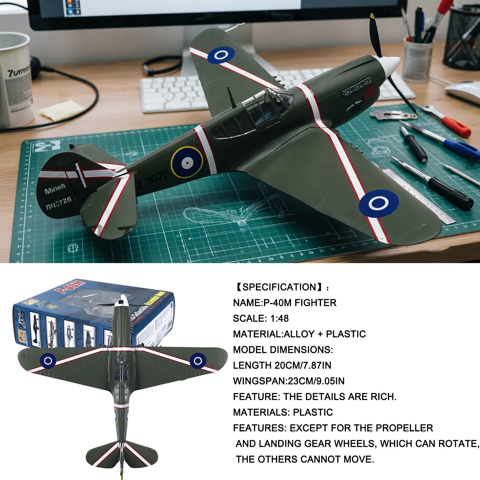 Modello pressofuso caccia P-40M in scala 1:72, replica aereo militare qualità museale, senza assemblaggio, vernice fedele all'epoca, collezionista storia militare, espositore scrivania