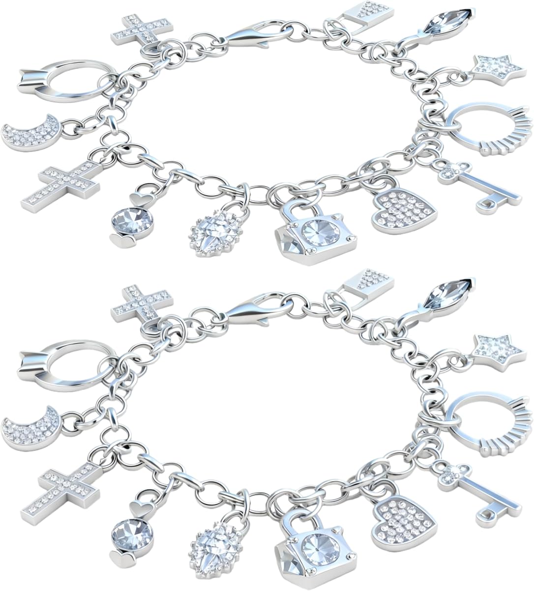 2 pulseras con dijes para mujer de plata de ley, pulseras ajustables en capas delicadas con 13 dijes, regalo de joyería de plata para mujeres