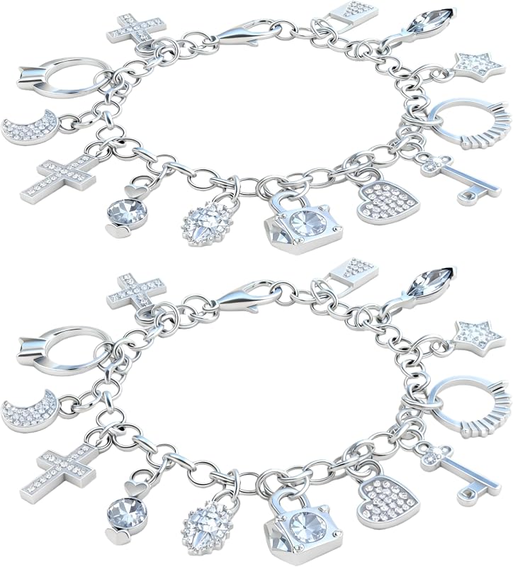 2 pulseras con dijes para mujer de plata de ley, pulseras ajustables en capas delicadas con 13 dijes, regalo de joyería de plata para mujeres