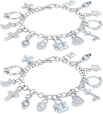 2PCS Charm Bracelet for Women Sterling Silver - Adjustable Dainty Layered Bracelets with 13 Charms, Silver Jewelry Gift for Women