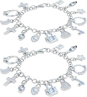 2 pulseras con dijes para mujer de plata de ley, pulseras ajustables en capas delicadas con 13 dijes, regalo de joyería de plata para mujeres