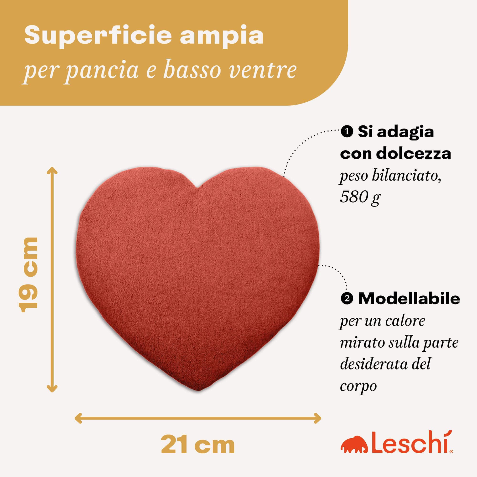 LESCHI Cuscino termico per microonde - In cotone bio con grano biologico - Cuscino riscaldante per dolori mestruali, alla pancia, schiena e zona lombare - Naturale, riutilizzabile - Cuore, rosso