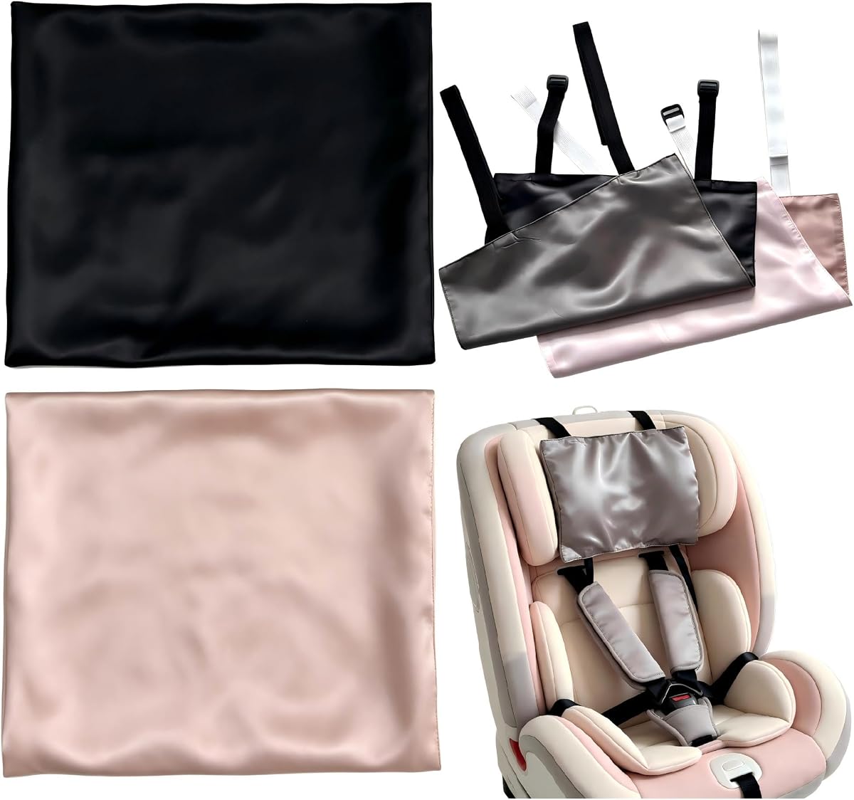 Silk Carseat Head Cover for Baby Headrest Covers for Cars, Soft Silk Feeling Reduces Frizz & Bald Spots, Baby Car Essentials Must Haves for Infant Car Seats & Strollers (2 Pack,4 Colors)