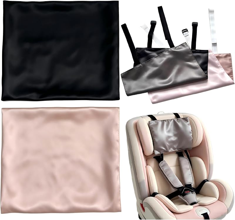 Silk Carseat Head Cover for Baby Headrest Covers for Cars, Soft Silk Feeling Reduces Frizz & Bald Spots, Baby Car Essentials Must Haves for Infant Car Seats & Strollers (2 Pack,4 Colors)