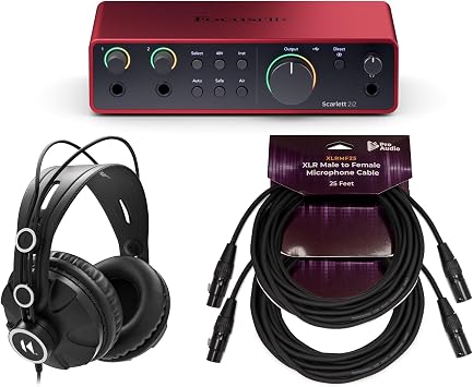 Focusrite Scarlett 2i2, 4th Gen, USB C Audio Interface Bundle 4 Items | Scarlett 2i2 Plus Closed-Back Headphones and Two 25-Ft Xlr Cables, 2-In/2-Out, 24-Bit/192khz