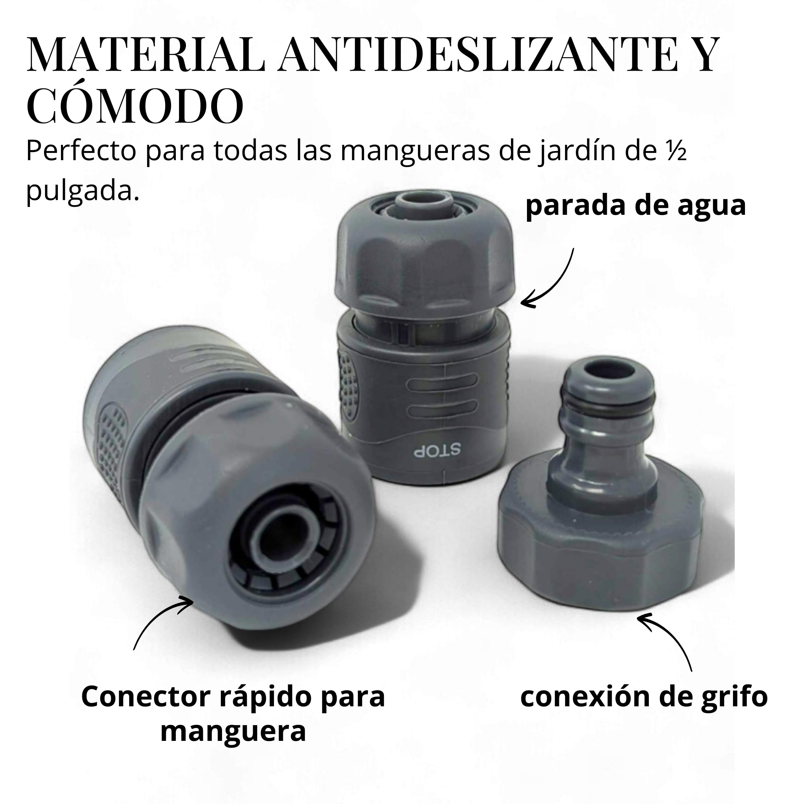 LIVLIG - Conector de manguera de plástico para manguera de jardín de 1/2 pulgadas en juego, acoplamiento de goma para manguera de jardín, color antracita