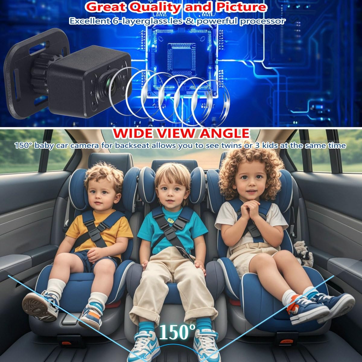 Baby Car Camera for Backseat-HD 720P 4.3 inch Monitor with Night Vision, 360° Rotation, 150° Wide View Angle. Protects Your Baby’s Eyes.Rear-Facing Backseat Camera for Kids, Infants, and Newborns KB45