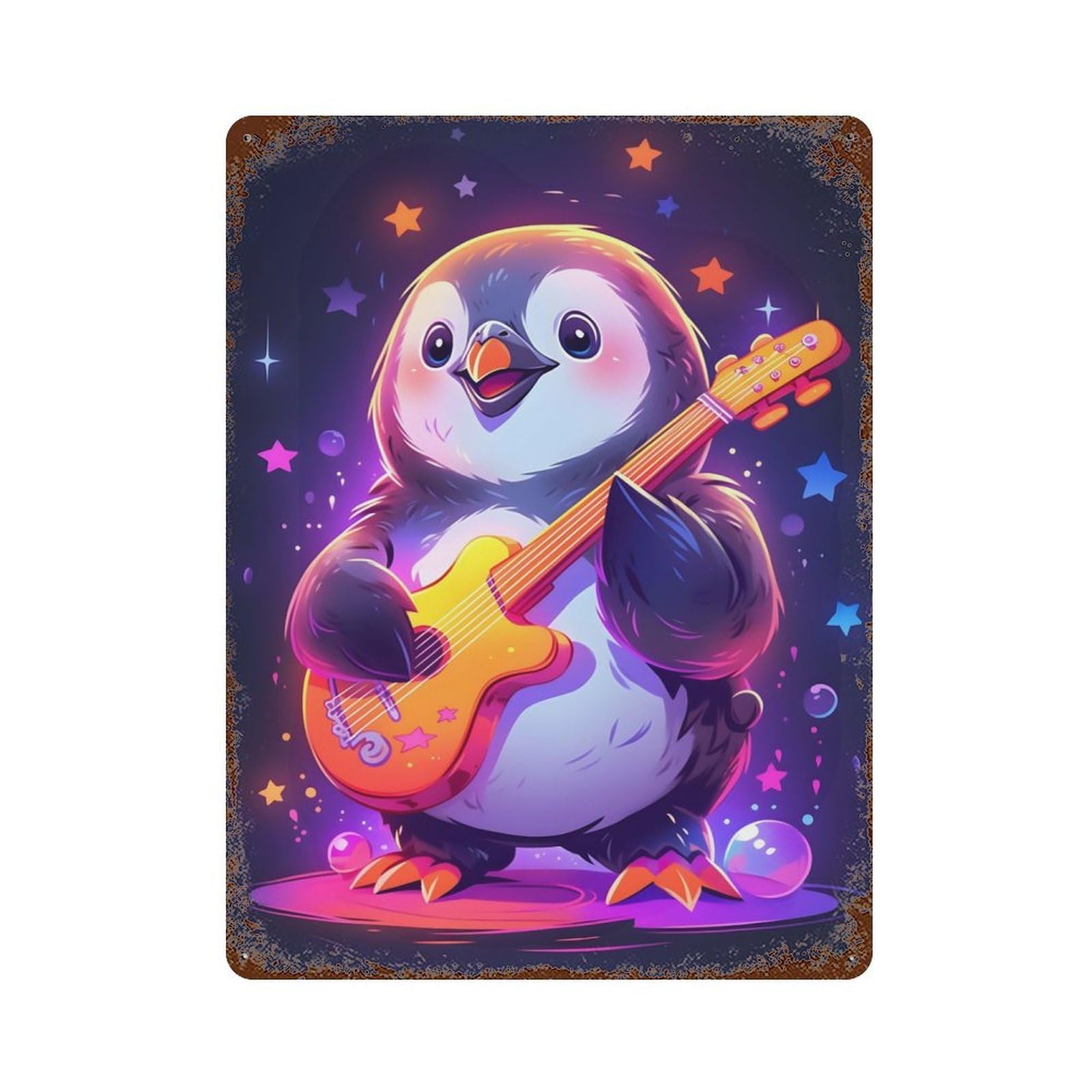 Garage Style Penguin Guitarist Aged Metal Wall Plaque 15.7"x11.8", Farmhouse Wall Decor for Bar And Workshop
