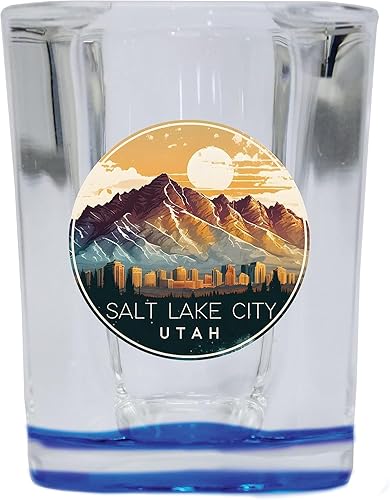 R and R Imports Salt Lake City Utah Souvenir - Vaso de chupito cuadrado de 2 onzas, base azul B disponible en Yaxa El Salvador