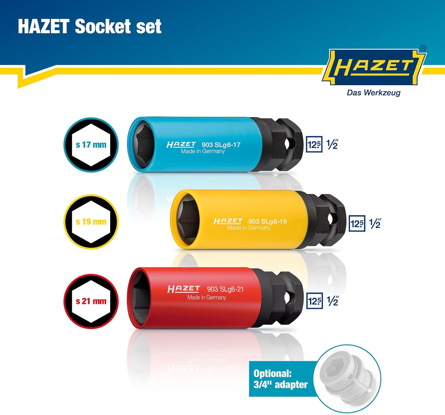 HAZET 3-Piece Impact and Machine Screwdriver Socket Set 903SLG6/3, 1/2 Inch Square, 24 mm External Hexagon, Traction Profile, Sizes 17, 19, 21 mm, with Rotating Plastic Sleeve