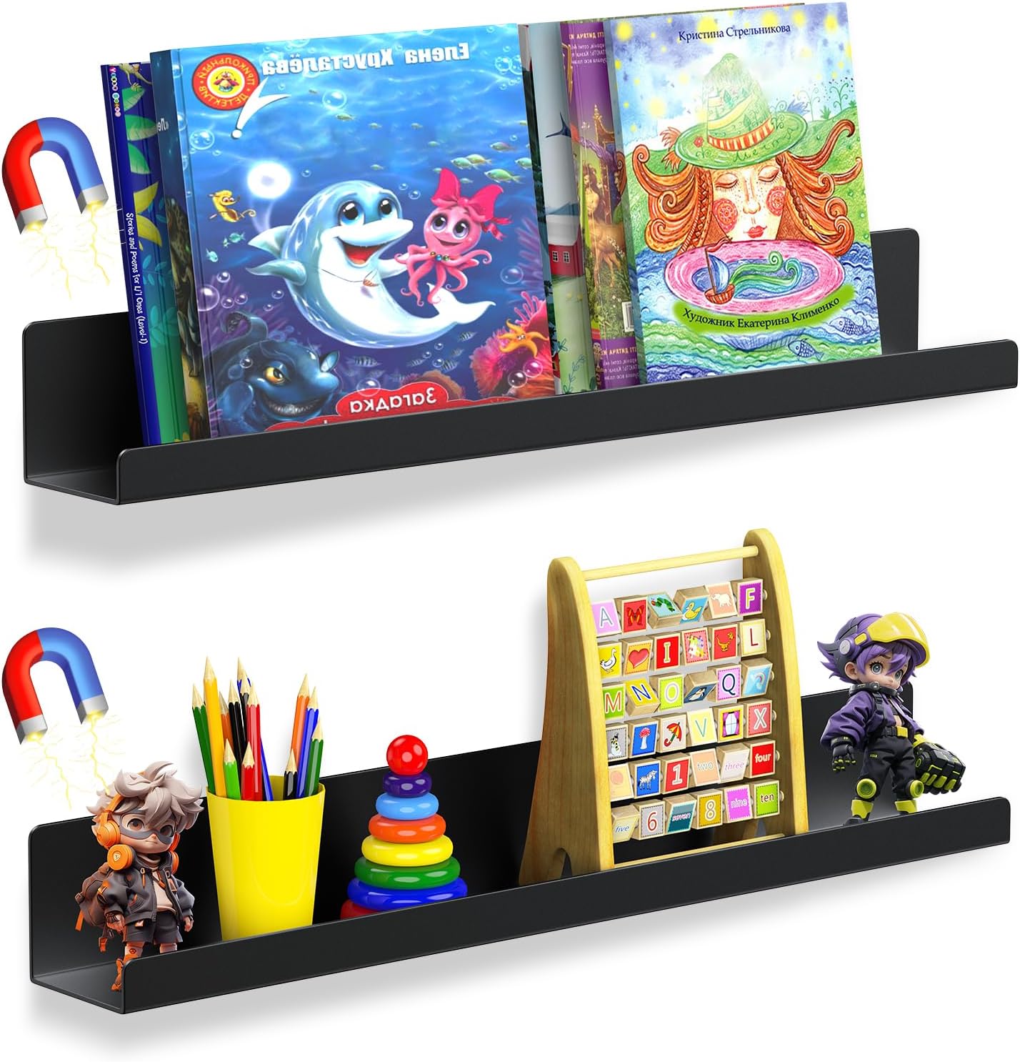 2 Pack Magnetic Book Shelf for Whiteboard - 17 Inch Reusable Metal Magnetic Shelves, Holds 12 lbs, Magnetic Book Display for Classrooms, Kitchen, Kids' Room - New Black