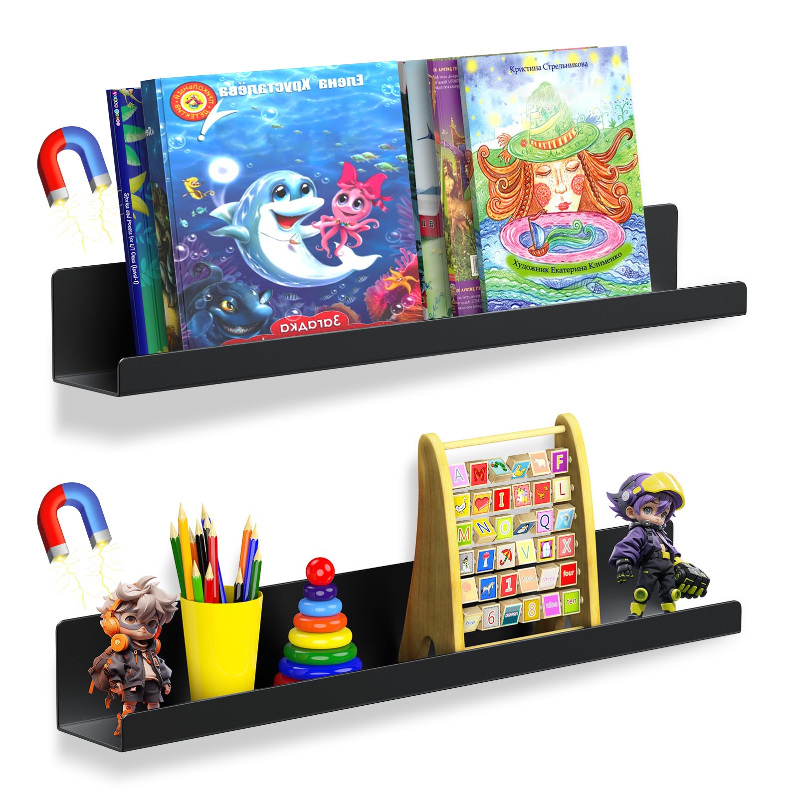 Gattlukd 2 Pack Magnetic Book Shelf for Whiteboard - 17 Inch Reusable Metal Magnetic Shelves, Holds 12 lbs, Magnetic Book Display for Classrooms,