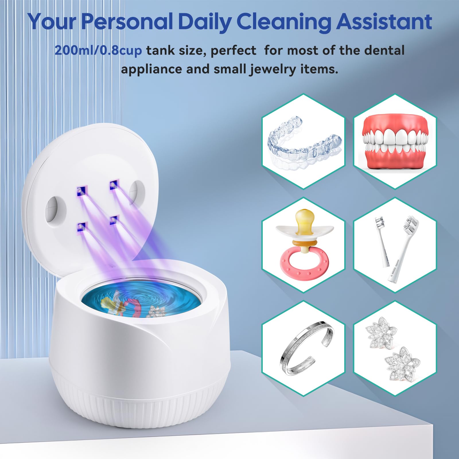 Coikes Limpiador Ultrasónico UV 45 kHz Limpiador Ultrasonidos Dental para Dentaduras Postizas, Alineador, Retenedor Joyería De La Máquina De Limpieza Para Joyas Todos los Aparatos Dentales (A-Blanco)