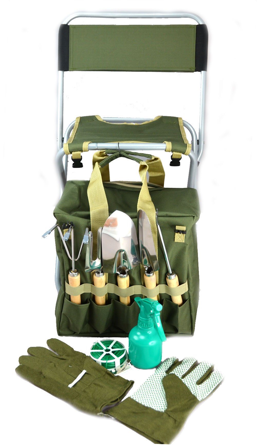 Bo-Toys - Set di 10 attrezzi da giardinaggio con borsa staccabile con cerniera e sgabello pieghevole con schienale
