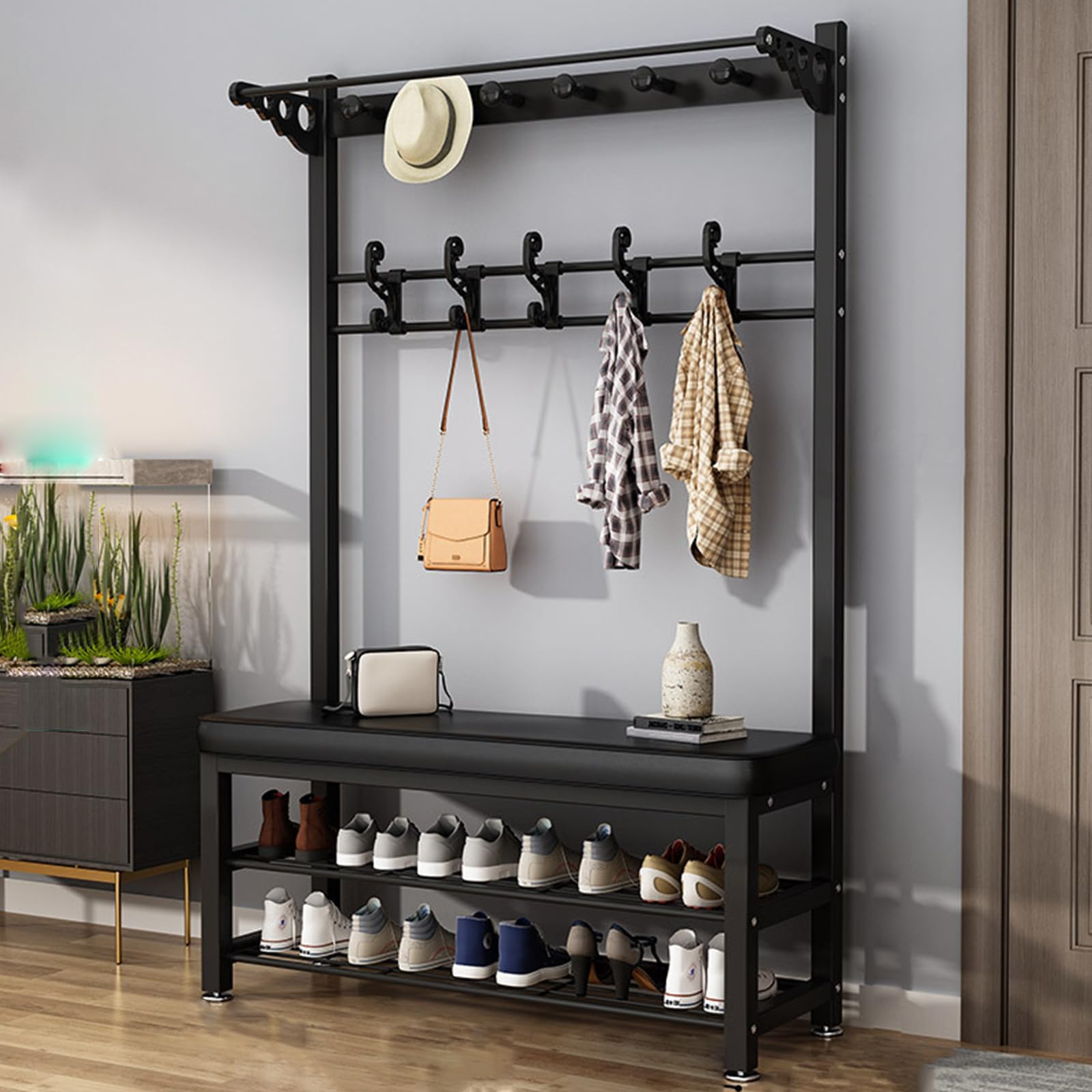 MYUYEE Coat Rack, Hall Tree With Shoe Bench For Entryway, With Shoe Storage Bench 3-In-1 Shoe Rack Different Heights, Entryway Bench With Coat Rack,Wood Look Accent Furniture Wi(D-100Cm)