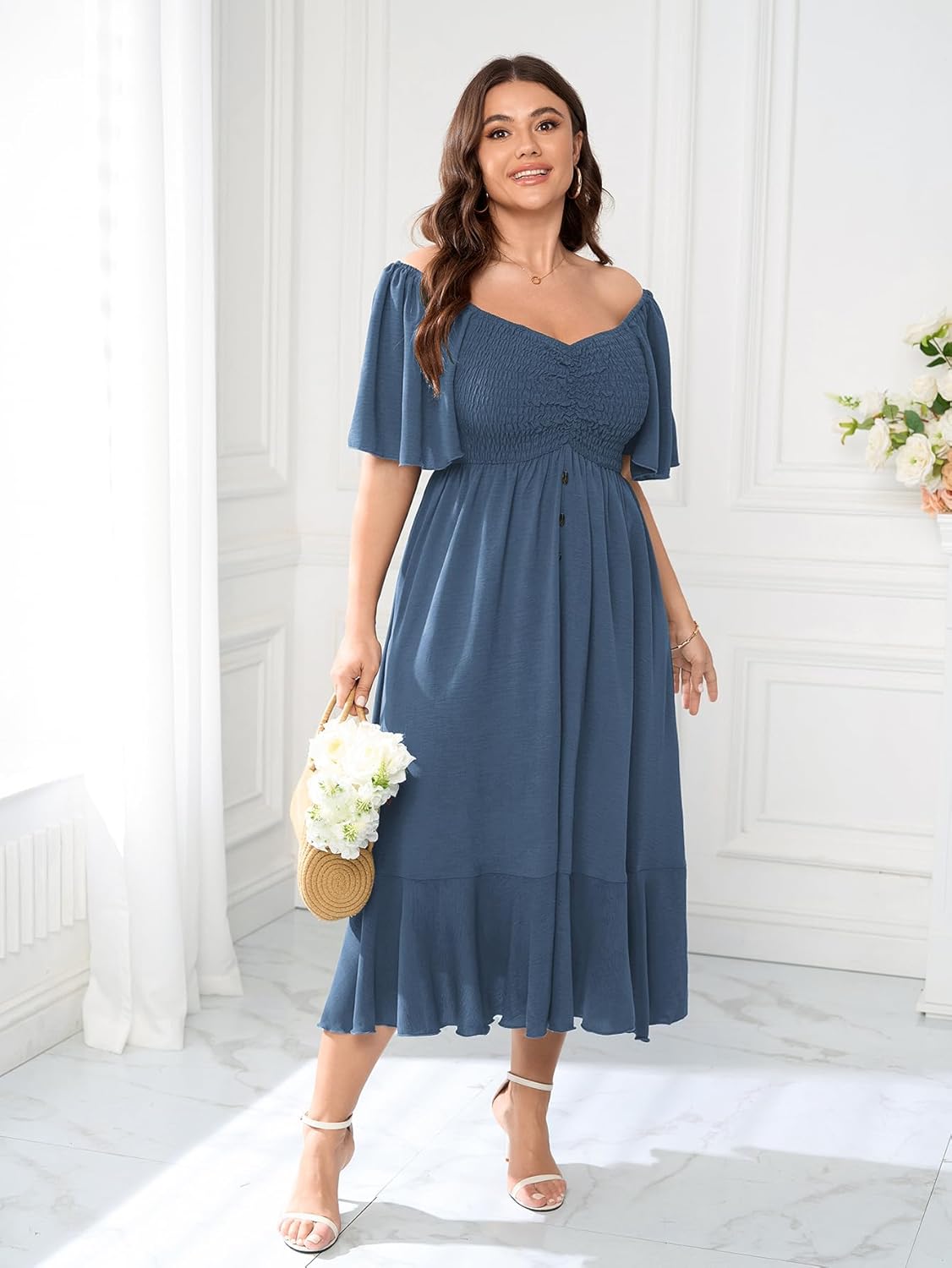 Plus Size Casual Maxi Dresses for Curvy Women Short Sleeve Empire Waist Smocked Wedding Guest Dress Button Down - Image 5