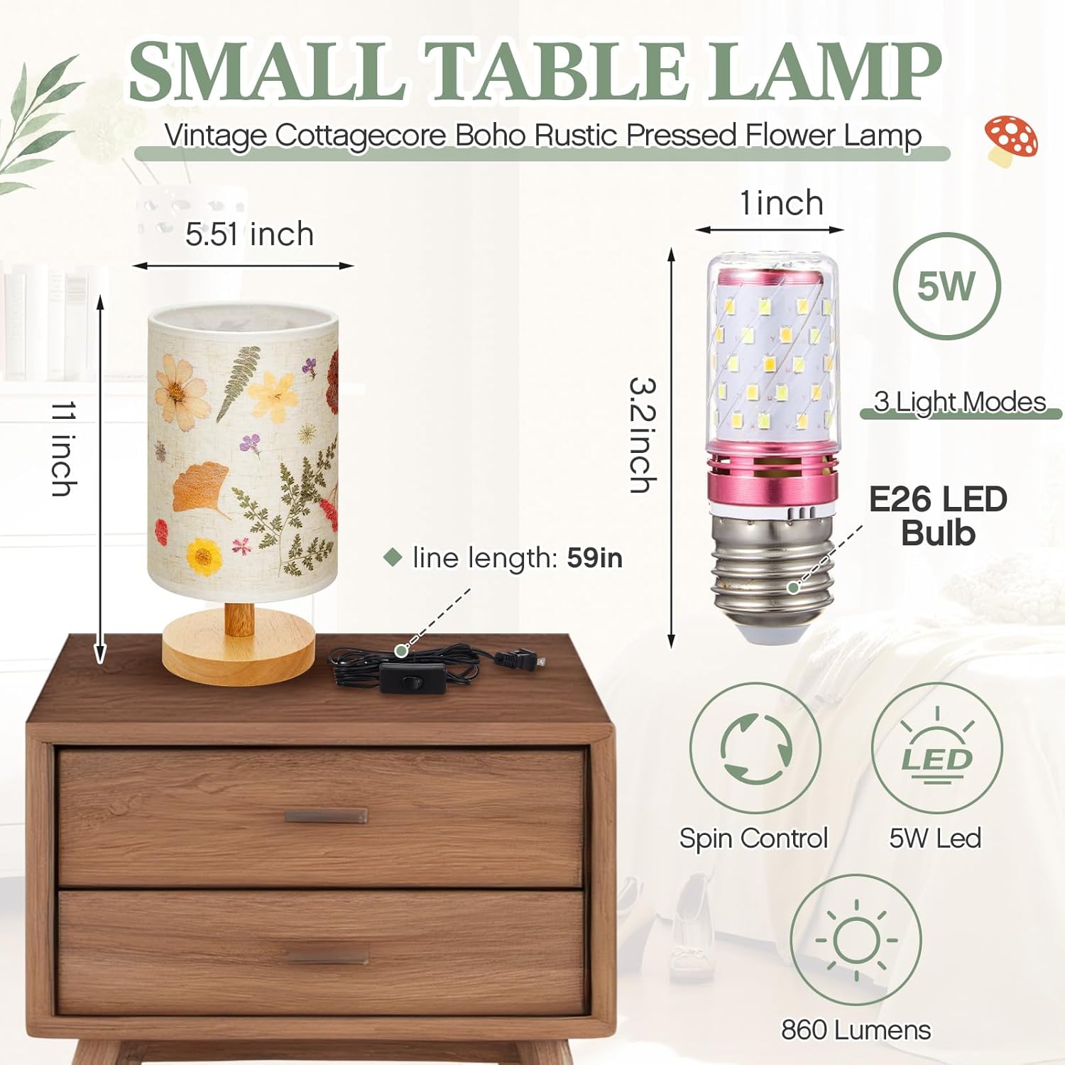 Hortsun Pressed Flower Lamp Vintage Table Small Lamp Cottagecore Decor Boho Night Light Decorative Rustic Night Light for Bedroom, Living Room or Office, Valentine Gift for Women(Modern Style) - Image 2