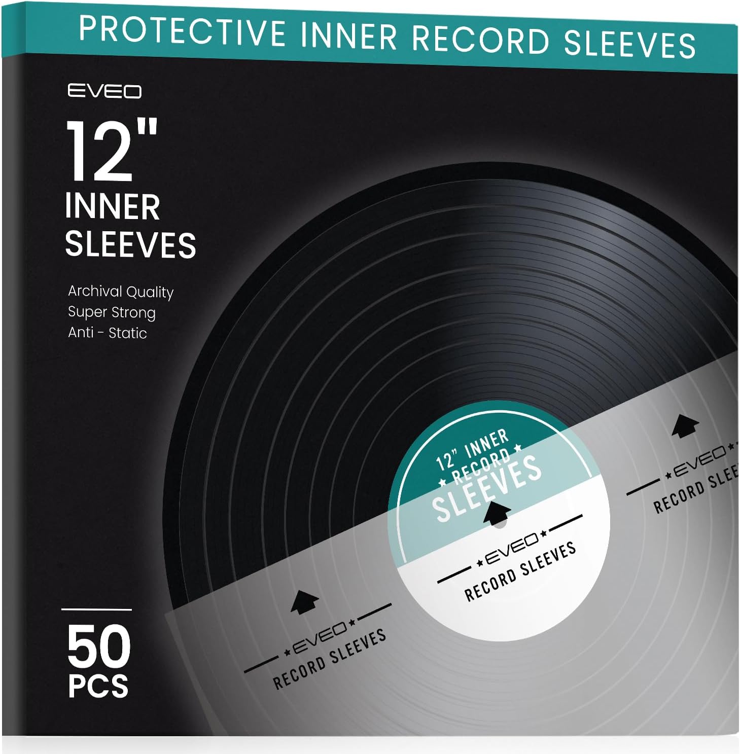 EVEO 50 Vinyl Inner Sleeves for Vinyl Records - Rice Paper Anti-Static LP For 12" Records - Record Sleeves inner Crystal-Clear Protection and Premium Quality - Archival Grade