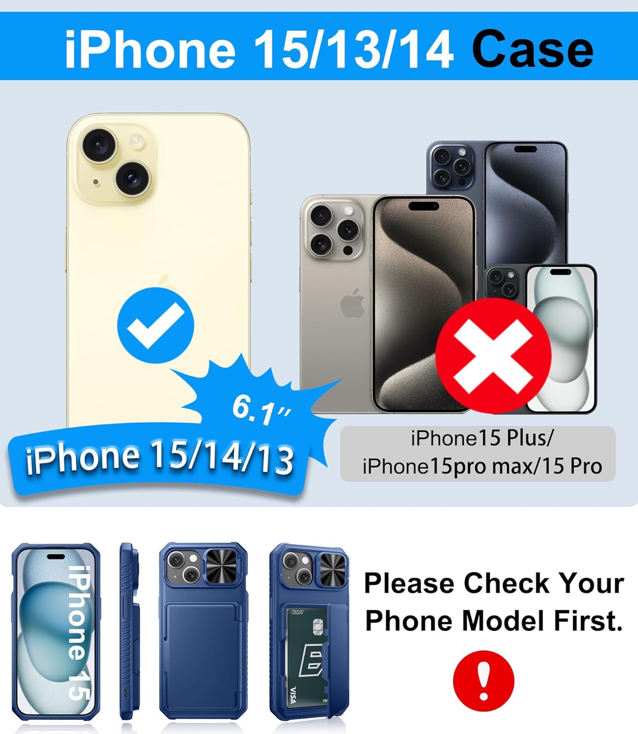 BXYJY for iPhone 15 Wallet Case with Screen Protector (Tempered Glass), Card Holder (4-5 Cards), Slide Camera Cover, Military Grade Drop Protection, Men Women Hard Case for iPhone 15, Blue