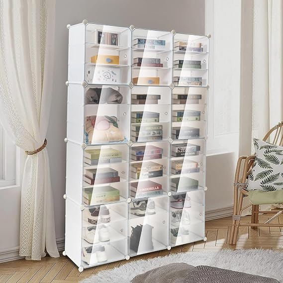 Clear Shoe Rack Organizer, 72 Pairs DIY Shoe Storage Cabinets Stand, 12-Tiers Stackable Shoe Storage Cabinet Stand, Transparent Plastic Storage Boxes for Heels, Boots, Slippers (72 Pairs)