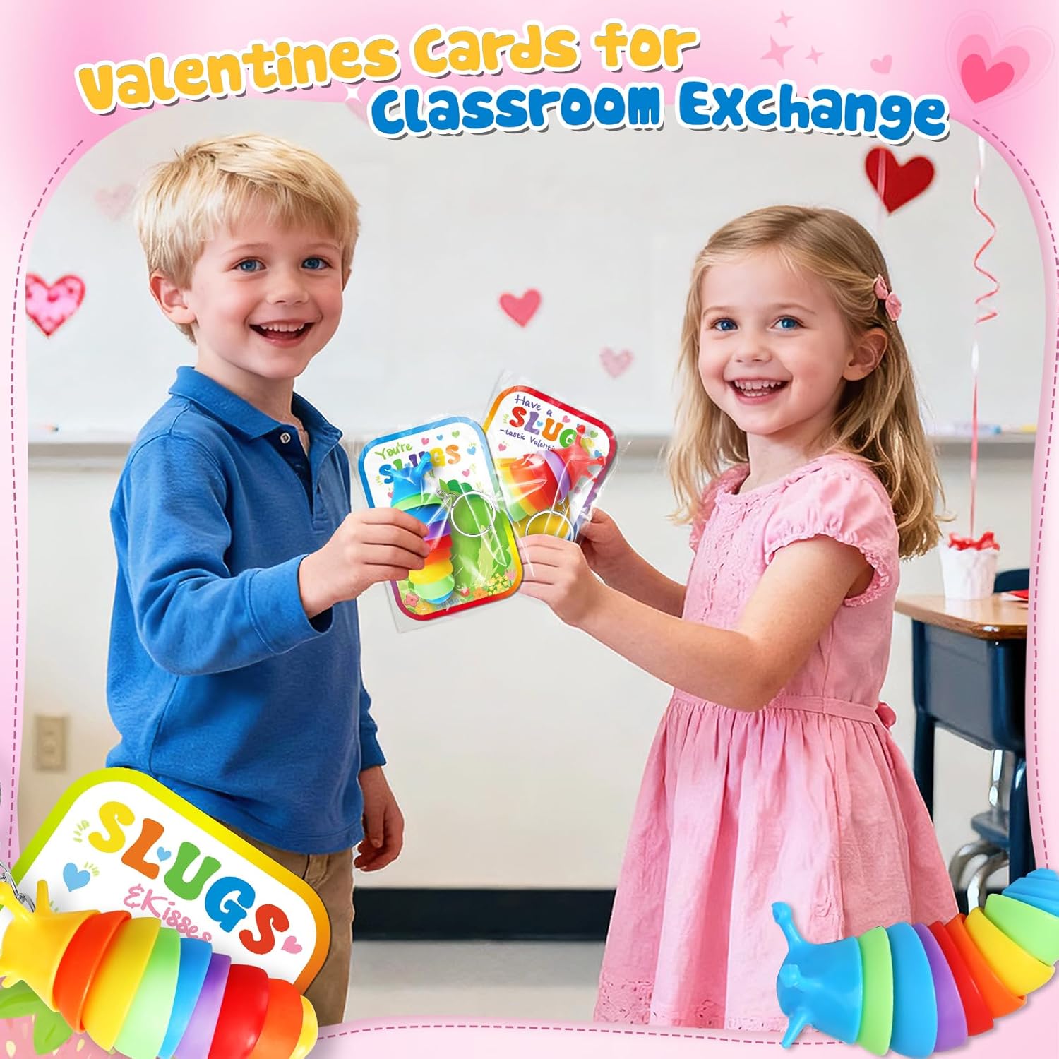 AuroTops Valentines Day Cards for Kids,24 Pack Cute Keychains Bulk Sensory Slug Fidget Toys with Valentines Cards for Boys & Girls Valentine's Day Classroom Gift Exchange,Kids Party Favors