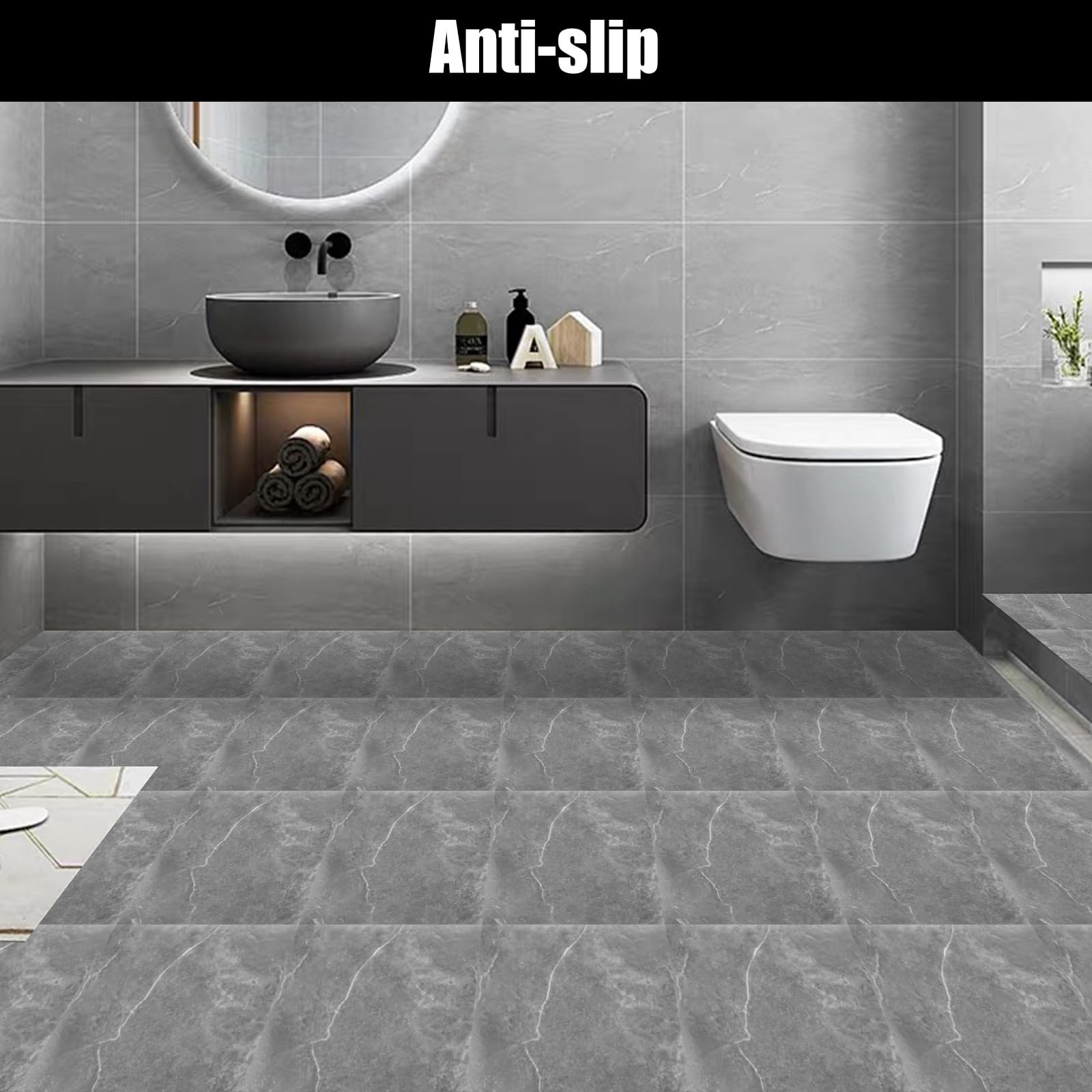 40 unidades de suelo de PVC autoadhesivo, 30 x 30 cm, suelo de vinilo autoadhesivo, antideslizante, vinilo con aspecto de madera, adhesivo para suelo, gris mármol, suelo de vinilo autoadhesivo