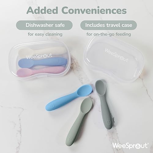 Miniatura 6 de WeeSprout Cucharas de bebé para autoalimentación a partir de 6 meses, utensilios de silicona suaves y duraderos para encías y dientes sensibles,