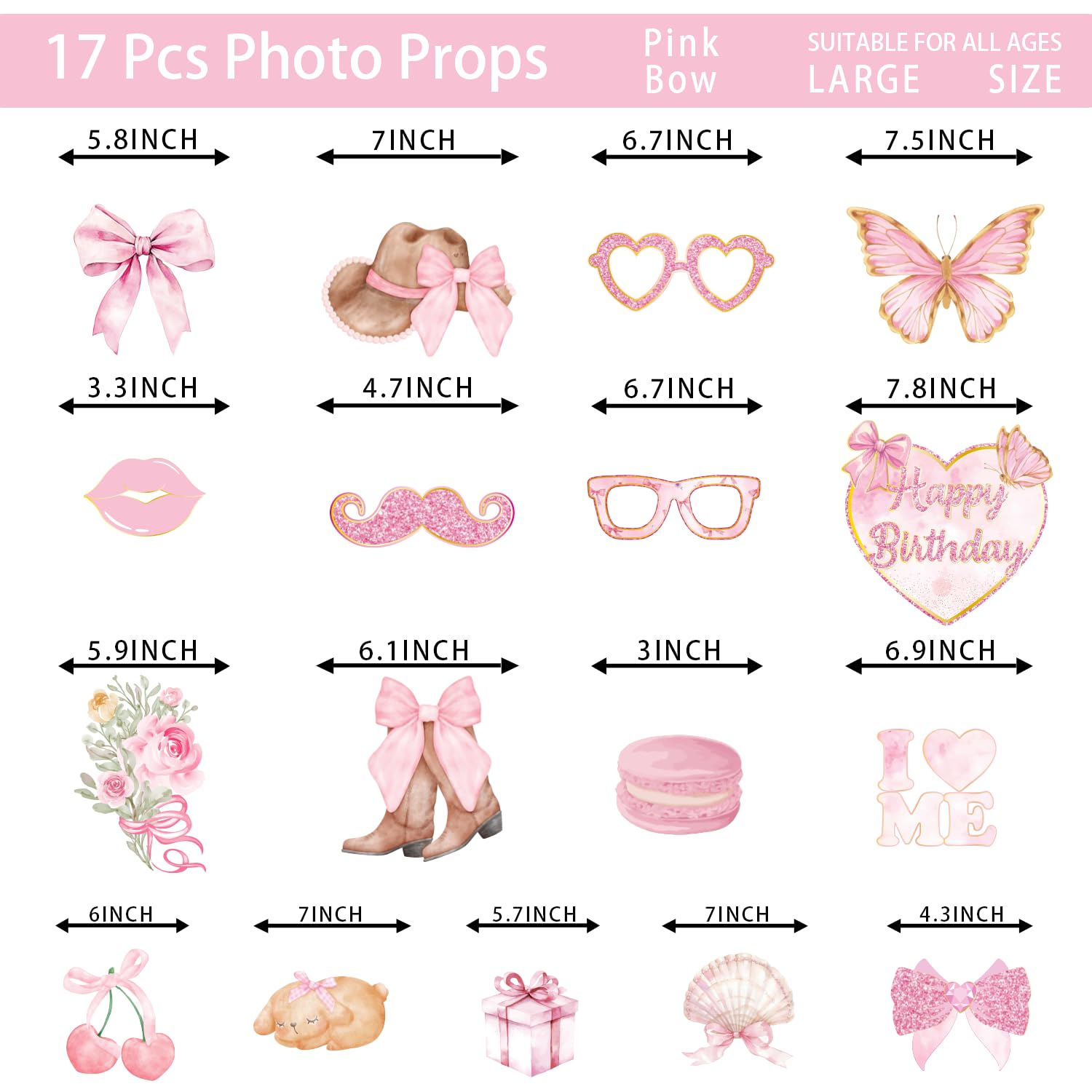 Pink Bow Party Decorations Kit - Photo Booth Props For Girls Birthday & Baby Shower Supplies