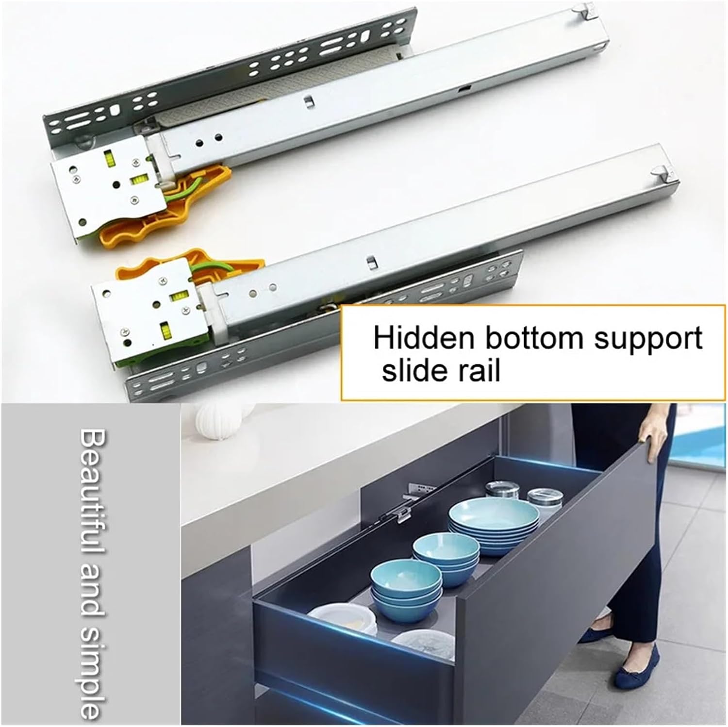 Drawer Rolling Bearing Slip Rail 3 Sections Bottom Mounting Hidden Damping Slide with Disassembly Device Cabinet Drawer Buffer Track Guide(400mm)