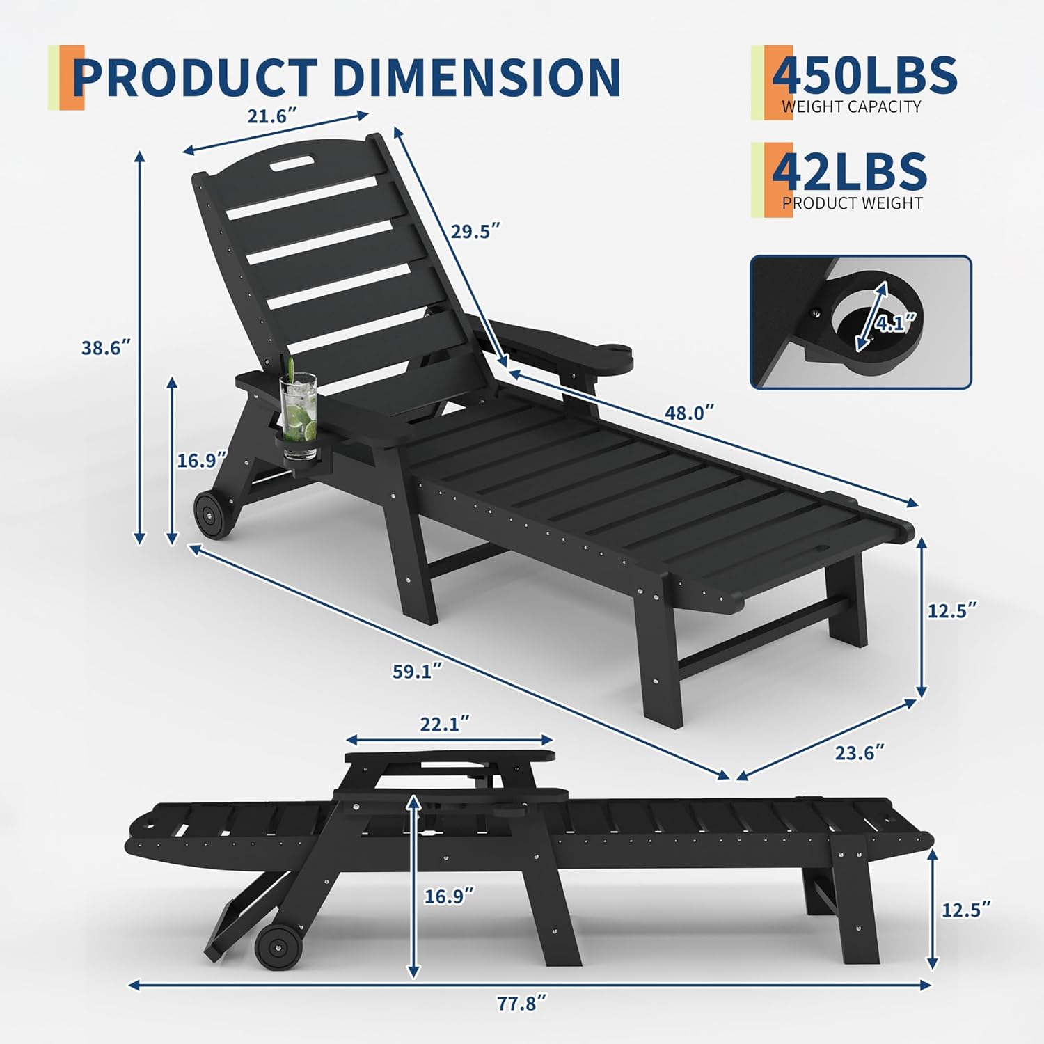 HDPE 5-Position Outdoor Chaise Lounge Chair with Cup Holder and Wheels, Resin Pool Lounge Chair for Outside, Adjustable HDPE Patio Loungers for Poolside, Patio, and Garden, Black