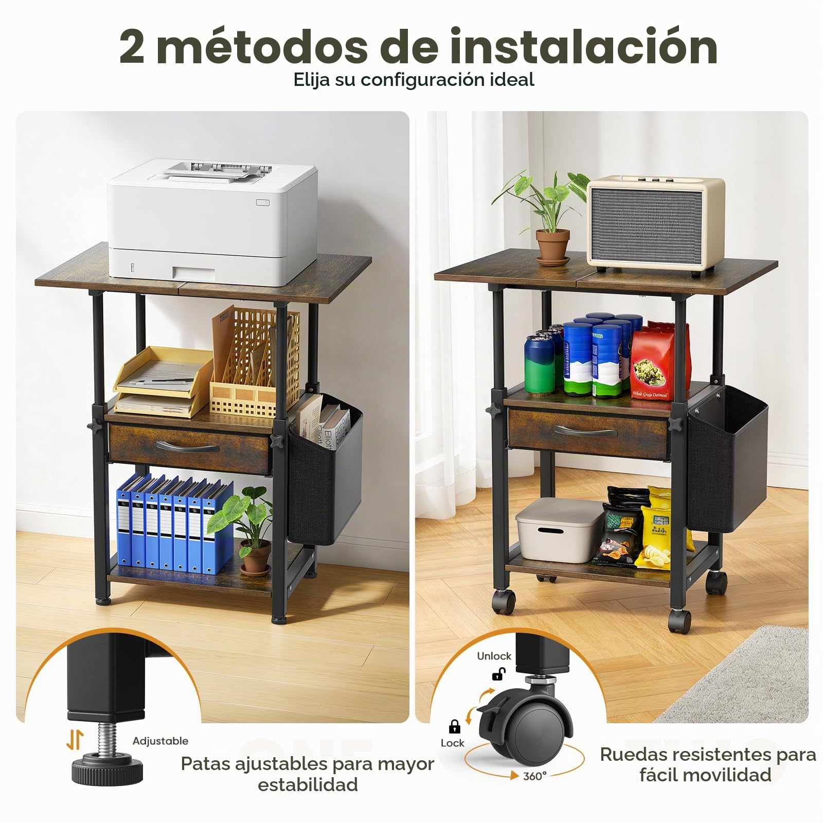 Mesa de impresión con ruedas Soporte de impresora de 3 niveles, mesa de impresora con cajón y bolsillo lateral, carrito grande con ruedas con estante ajustable para oficina y hogar (2)