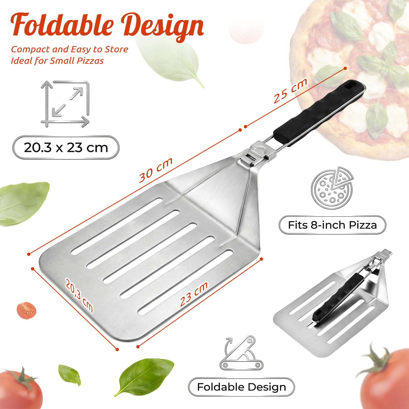 Pala Pizza Horno Perforada, Pala para Pizza de Acero Inoxidable con Mango Plegable y Colgable, Profesional para Horno de Leña Pizzas Pequeñas (8"), Pan, Alta Cocina, Pizzerías (20,3 x 23 cm)