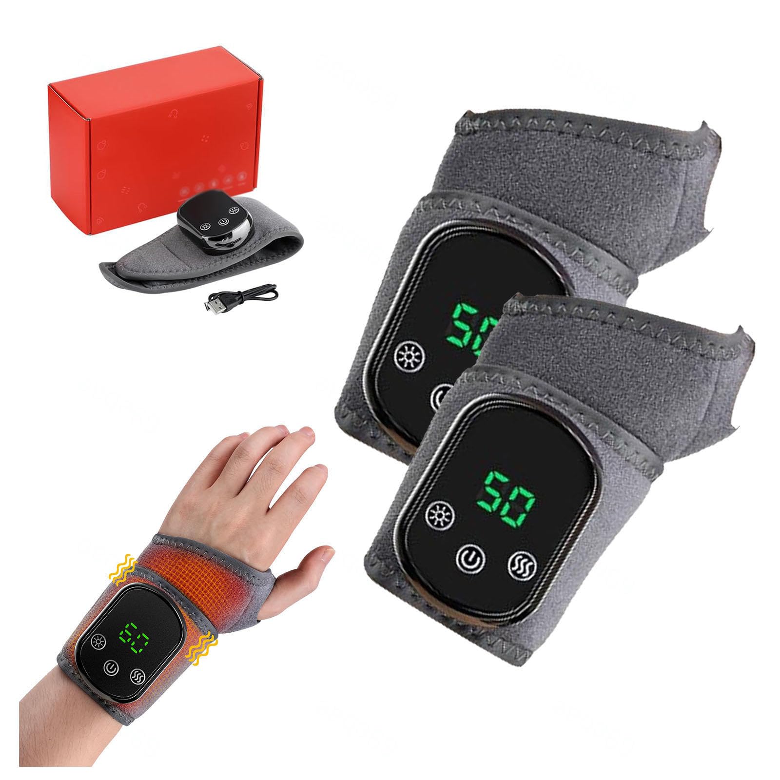 Muñequera Caliente USB para Alivio de Tendinitis y Túnel Carpal Masajeador de Manos y Muñecas, 5 Temperaturas de Calentamiento 3 Modos de Masaje(2 piezas)