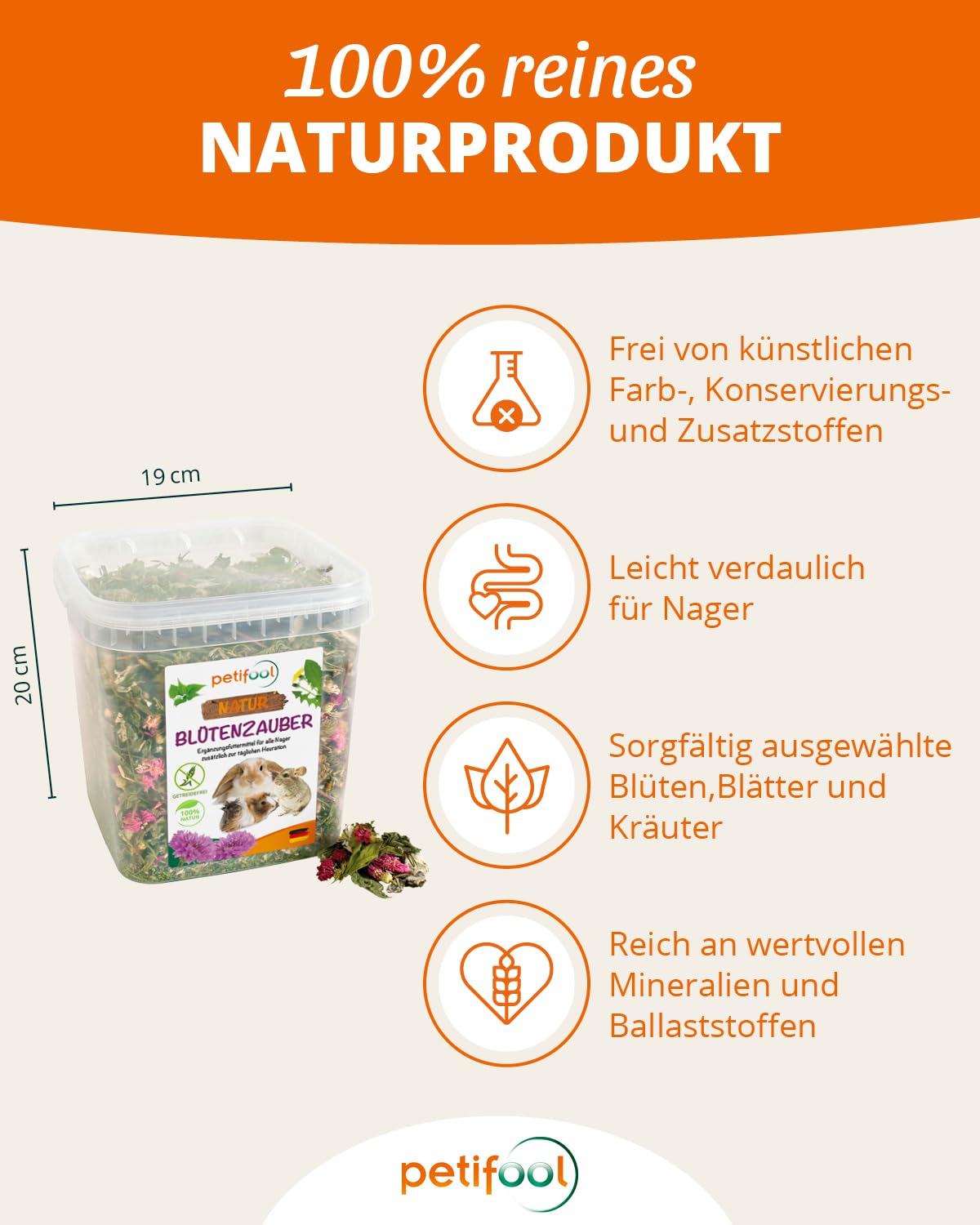petifool Blütenzauber 360 g – Mangime complementare per roditori – cibo naturale per conigli, porcellini d'India, criceti, cincillà e molto altro ancora – senza additivi artificiali – 100% naturale