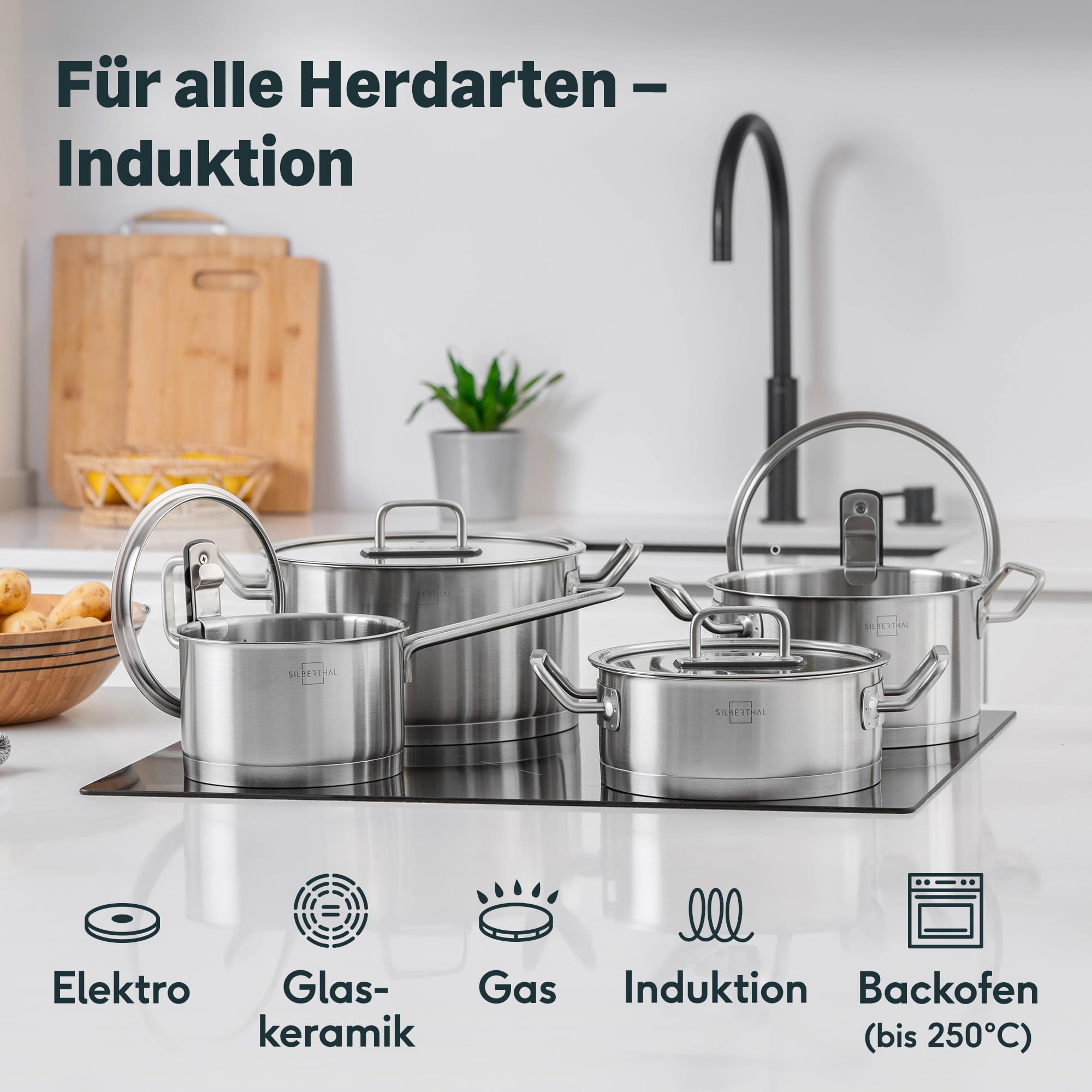 SILBERTHAL Edelstahl Topfset 4-teilig | Kochtopf 2,5l, 3,5l, 5l & 5,8l im Set für alle Herdarten inkl. Induktion & Ofenfest - Töpfe mit Glasdeckel