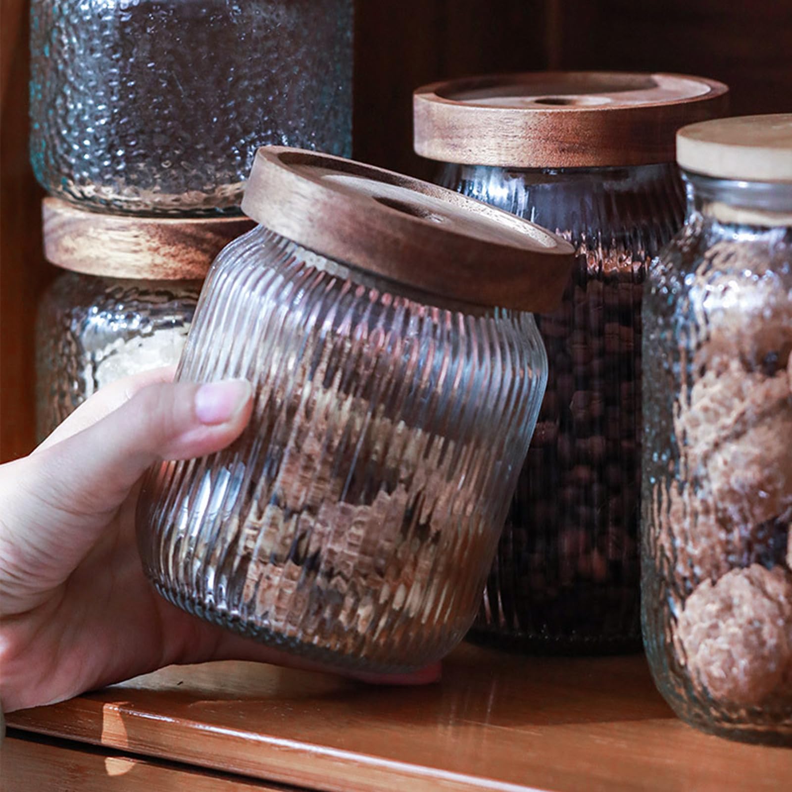QuaLife Lot de 5 bocaux de conservation (2200/1000 / 500 ml) avec couvercle en bois – Contenants hermétiques en verre borosilicaté – Bocaux empilables pour muesli et pâtes – Rangement carré