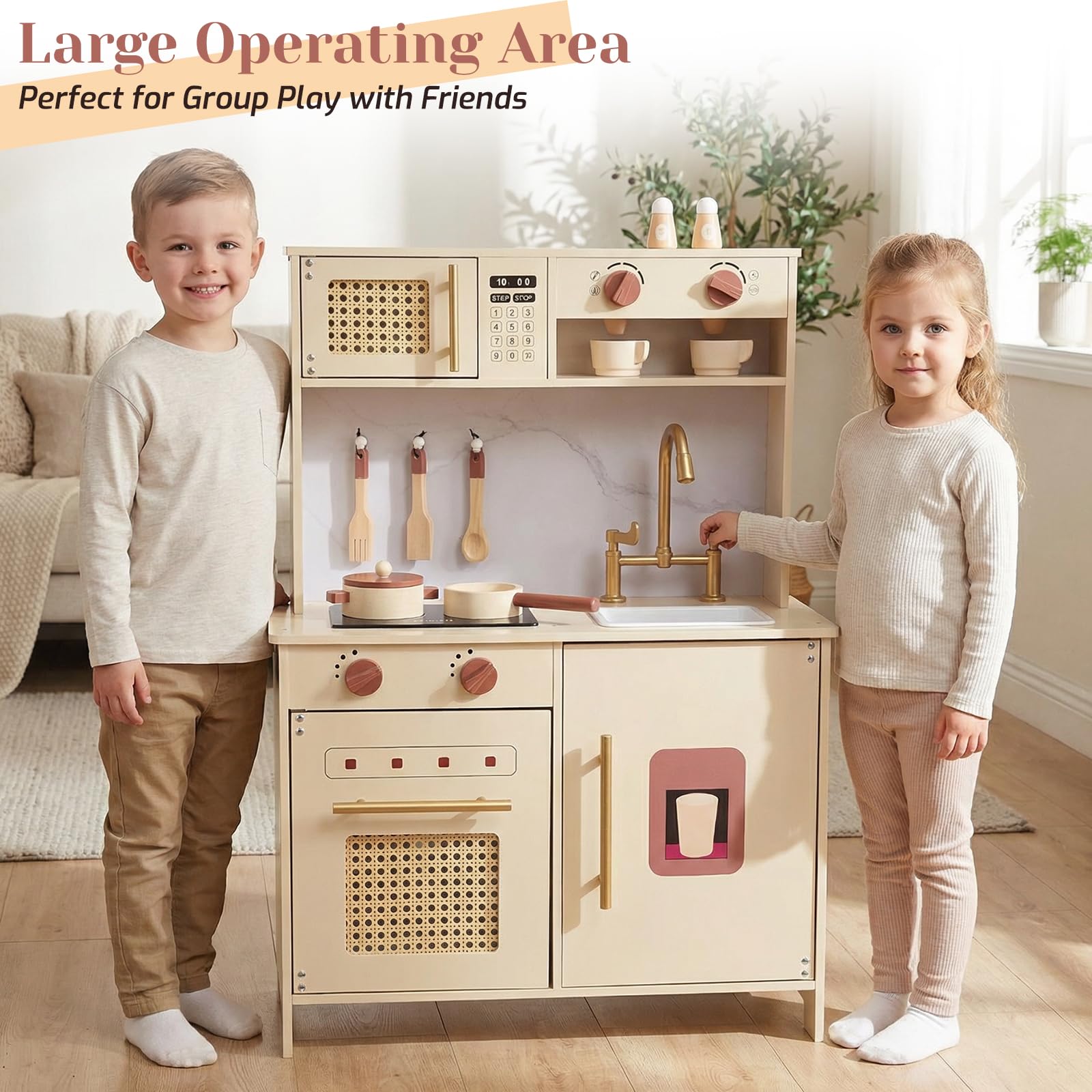 WoodenFun Rosa Retro Kinderküche aus Holz Creme-Beige Spielküche mit Mikrowelle, Backofen, Spüle & Zubehör,Rollenspielzeug Moderne Holzspielküche für Kinder ab 3 Jahren(Gelb)